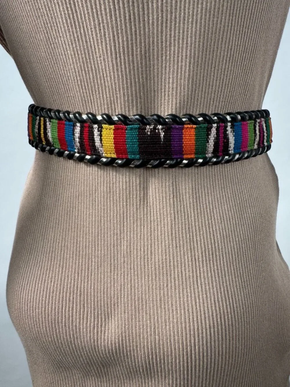 Handcrafted Leather Belt With Colorful Woven Inlay & Silver Buckle - Size 32